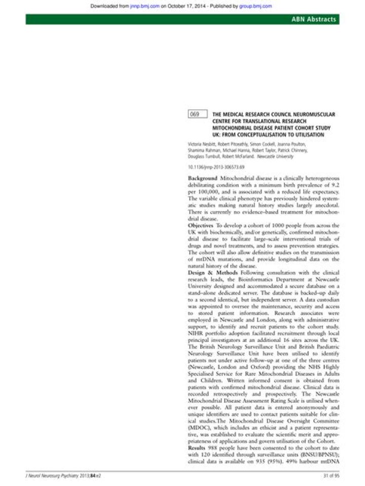 The Medical Research Council Neuromuscular Centre for Translational Research Mitochondrial Disease Patient Cohort Study UK: From Conceptualisation to Utilisation - ePrints